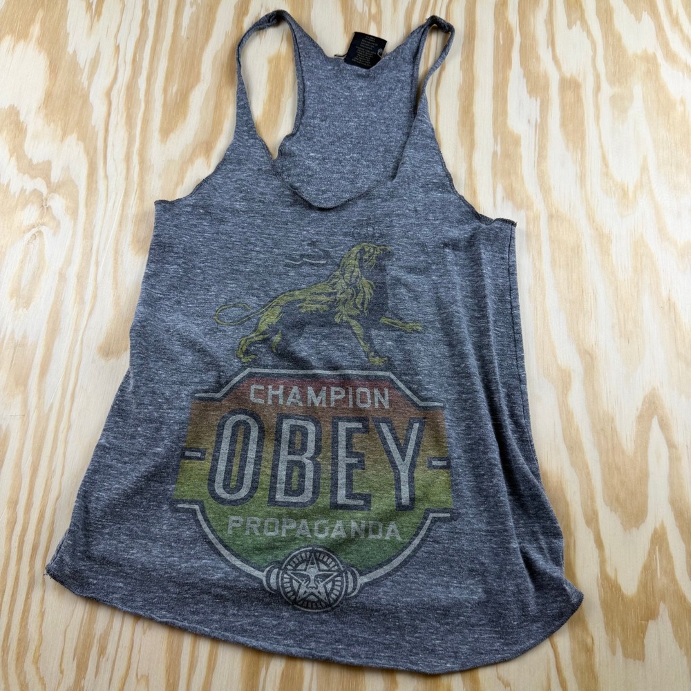 Obey Propaganda Champion Tank Top Heather Gray Graphic Racerback XS Made in USA
